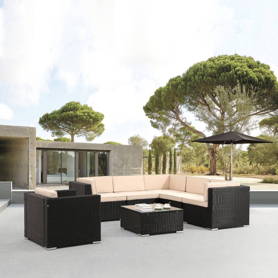Arebos Loungesets 6 personen Loungeset Tuinmeubels Loungeset Balkon Lounge Set Incl. zitkussen UV-bestendig polyrotan tafel met glasplaat vrij te combineren