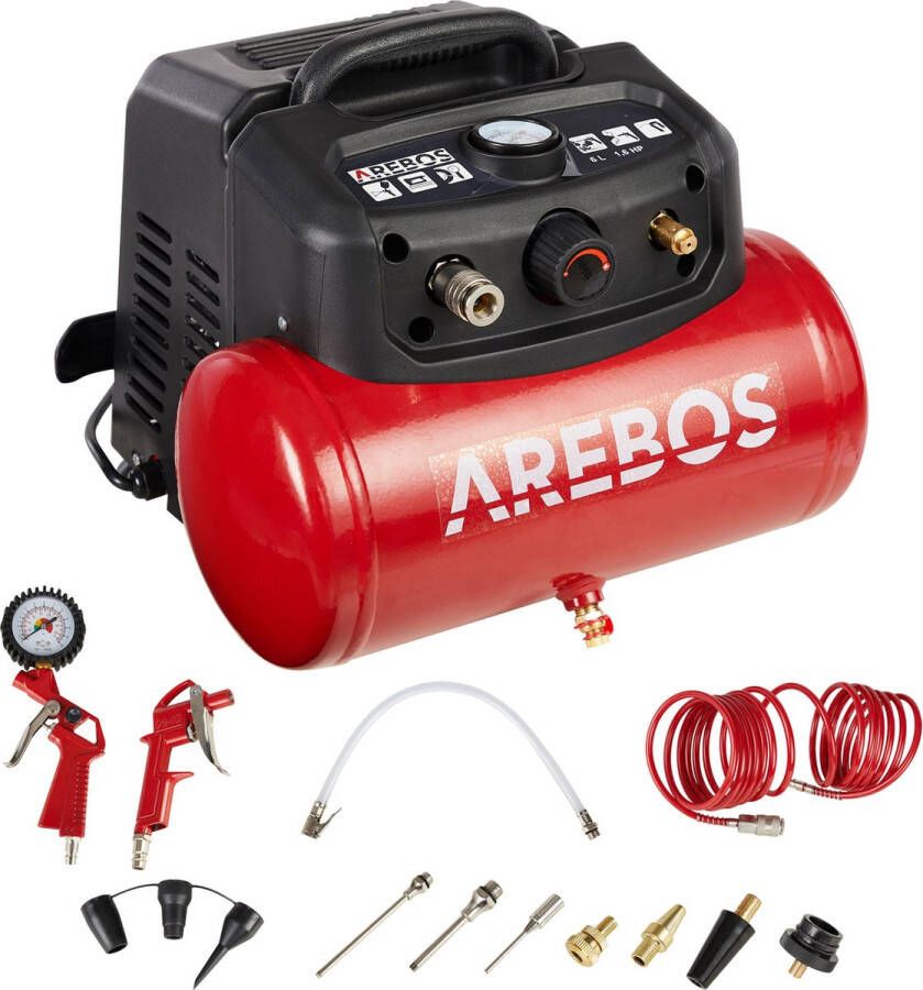 Arebos Persluchtcompressor 6 L 1200 W 13-Delige Accessoireset + Spiraalslang