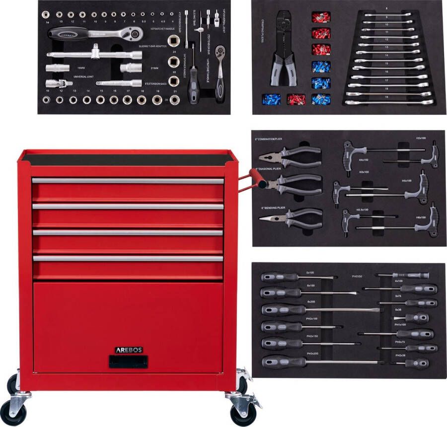 Arebos Gereedschapswagen met 4 laden 1 kast incl Gereedschap Rood