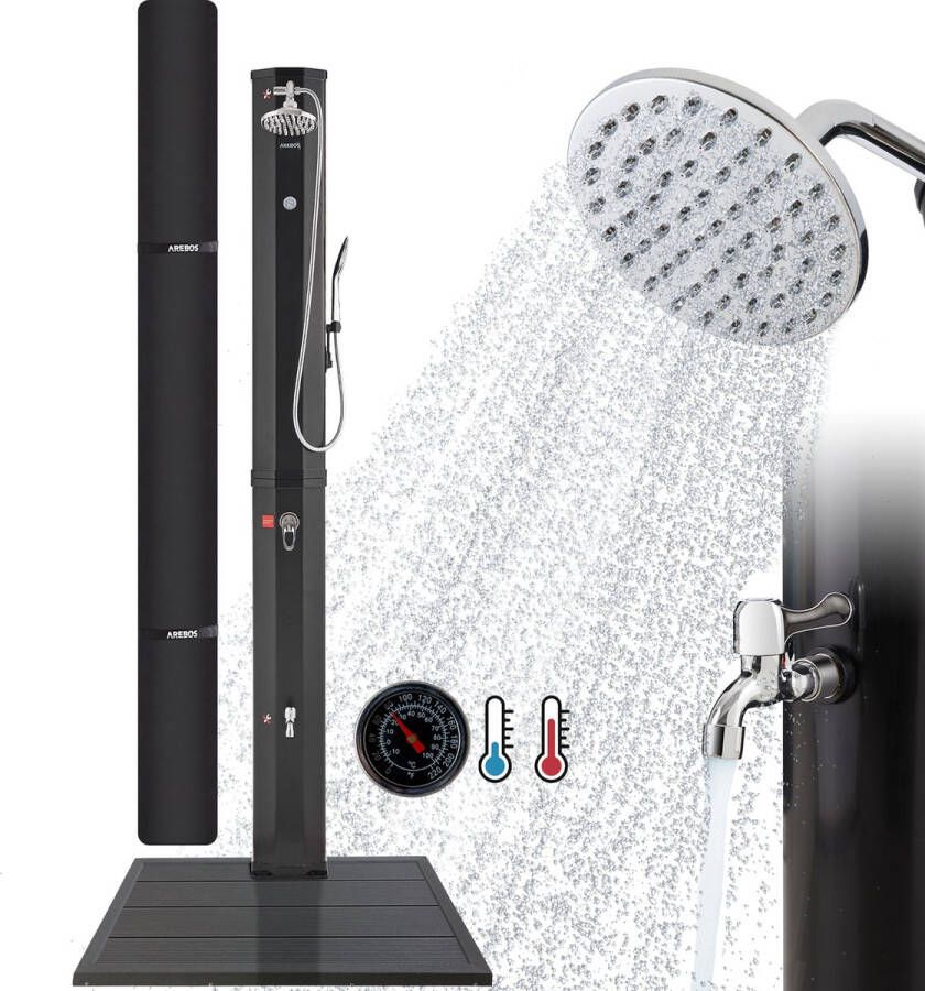 Arebos Zonnedouche 60 L Tuindouche met handdouche & thermometer Buitendouche watertemperatuur tot 60°C Ronde douchekop Snap-in technologie incl. afdekking & bodemplaat in antraciet Zwart