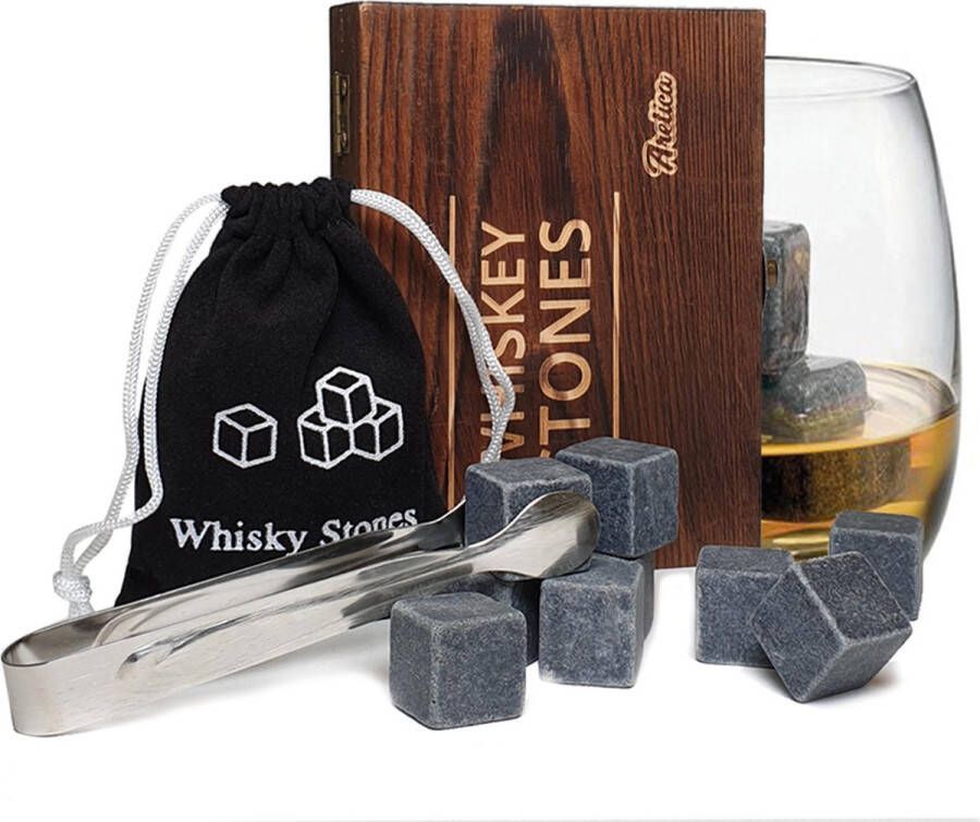 Aretica Whiskey Stones Gift box Voor een echte whiskey on the rocks Herbruikbare natuurstenen ijsblokjes Ice cubes Cadeau set in houten doosje Ijsklontjes van steen Set van 9 stuks