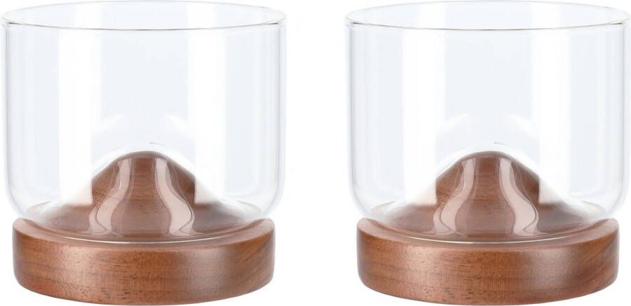 Aretica Whiskeyglas Set van 2 250 ml Inclusief onderzetter Whiskey geschenk set Glazen Whiskeyglazen Bruin Glas Hout 7 3 x 7 3 x 7 cm