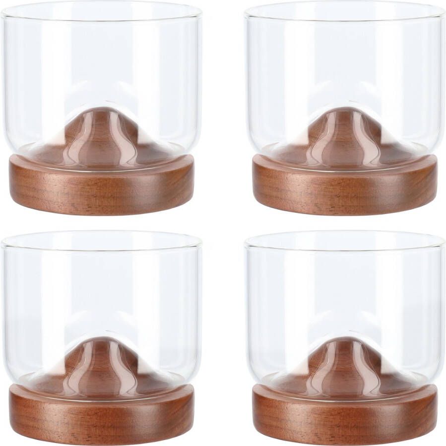 Aretica Whiskeyglas Set van 4 250 ml Inclusief onderzetter Whiskey geschenk set Glazen Whiskeyglazen Bruin Glas Hout 7 3 x 7 3 x 7 cm