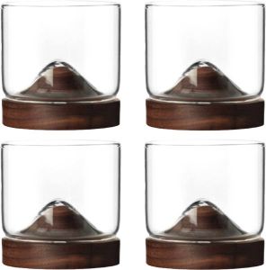Aretica Whiskeyglas Set van 4 250 ml Inclusief onderzetter Whiskey geschenk set Glazen Whiskeyglazen Bruin Glas Hout 7 3 x 7 3 x 7 cm