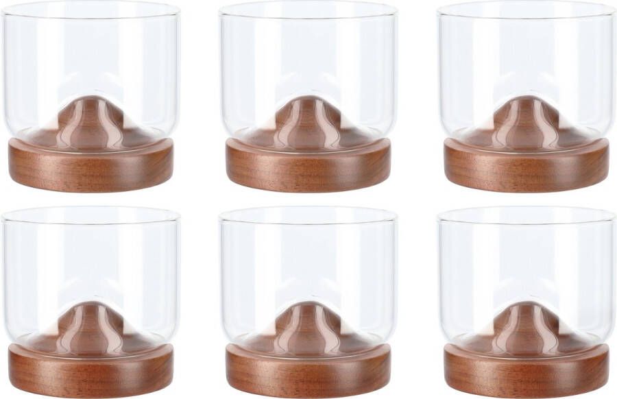 Aretica Whiskeyglas Set van 6 250 ml Inclusief onderzetter Whiskey geschenk set Glazen Whiskeyglazen Bruin Glas Hout 7 3 x 7 3 x 7 cm