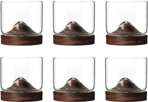 Aretica Whiskeyglas Set van 6 250 ml Inclusief onderzetter Whiskey geschenk set Glazen Whiskeyglazen Bruin Glas Hout 7 3 x 7 3 x 7 cm