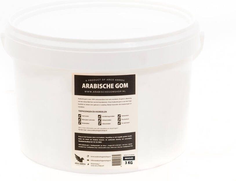 Argo amrou Arabische Gom Acacia 3 KG Poeder Emmer || 100% Biologisch Natuurlijk || Plantaardig Bindmiddel en vele andere toepassingen. || Biologische vervanger voor o.a. Agar Gelatine Xanthan Gum Guarpitmeel en Johannesbroodpitmeel