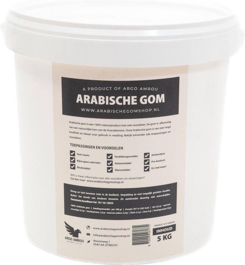 Argo amrou Arabische Gom Acacia 5 KG Poeder Emmer || 100% Biologisch Natuurlijk || Plantaardig Bindmiddel en vele andere toepassingen. || Biologische vervanger voor o.a. Agar Gelatine Xanthan Gum Guarpitmeel en Johannesbroodpitmeel
