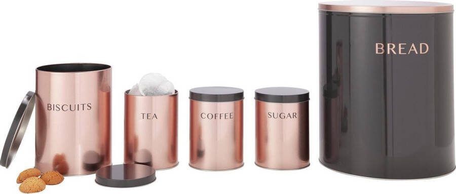 Argos Home 5st Voorraaddozen grijs roségoud broodtrommel suikerpot koekjestrommel theeblik koffieblik