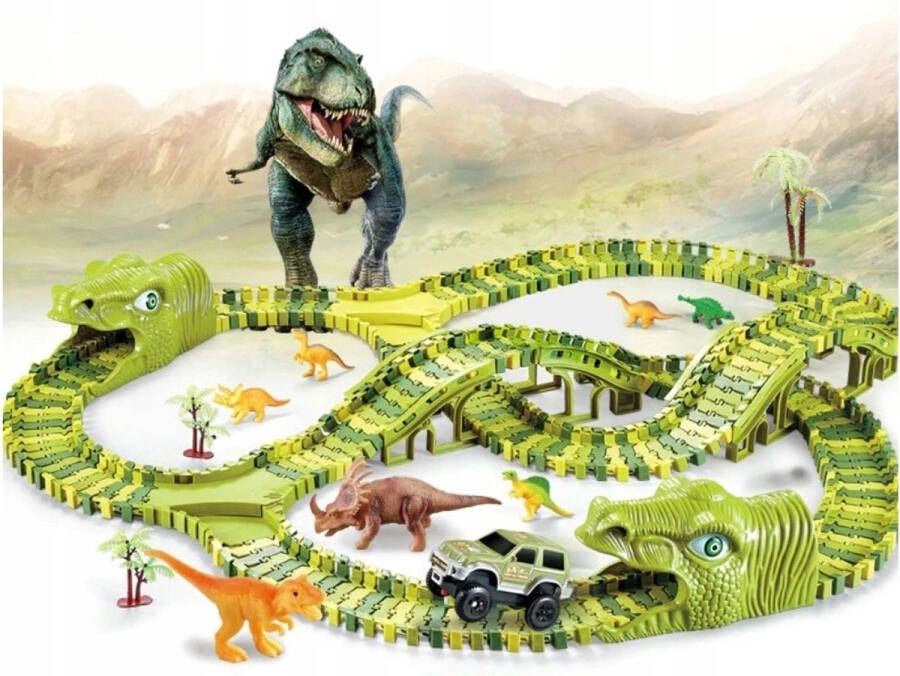 Ariko Autobaan met dinosaurussen racebaan jungle Komt met Jeep en Dinosaurus met dino's Eenvoudig te Monteren Eindeloos Speelplezier inclusief batterij