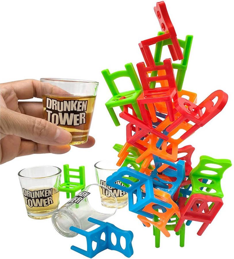 Ariko Drankspel Stoelen stapelen Drank spel Vallende stoelen inclusief 4 glaasjes