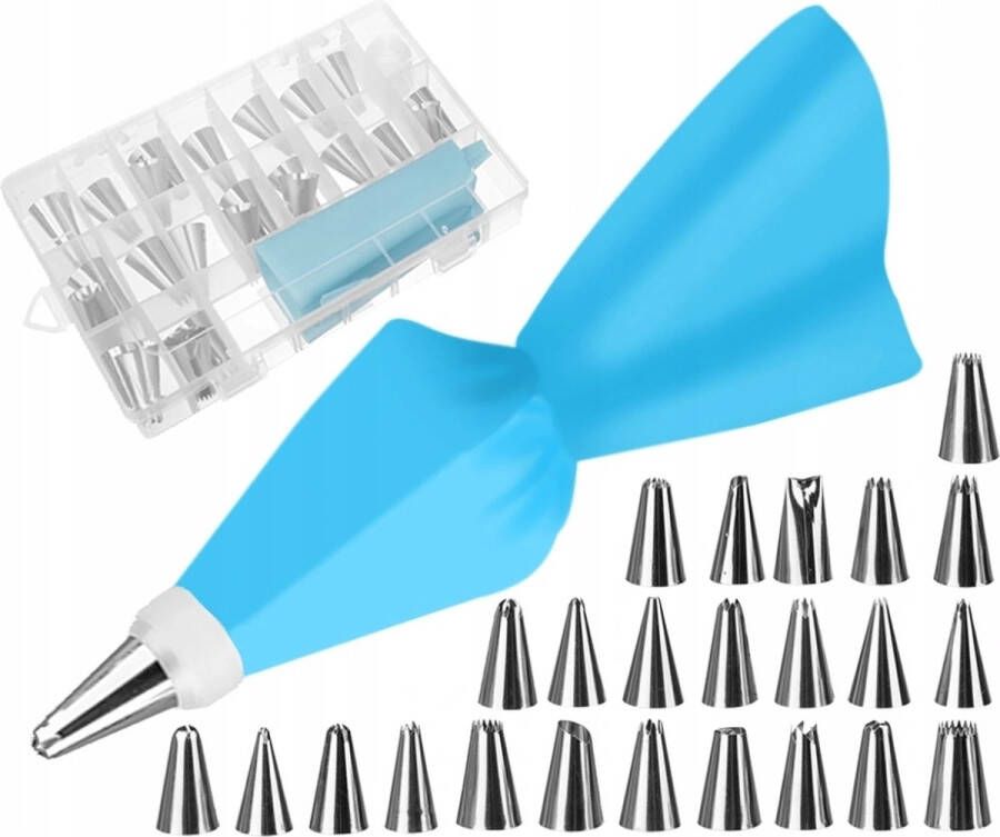Ariko Slagroom garneer spuitzak met 24 RVS spuitmondjes – blauw Herbruikbaar – Siliconen spuit zak voor decoratie van patisserie – Garneer spuitzak – Taartdecoratie – Rozetjes opspuiten