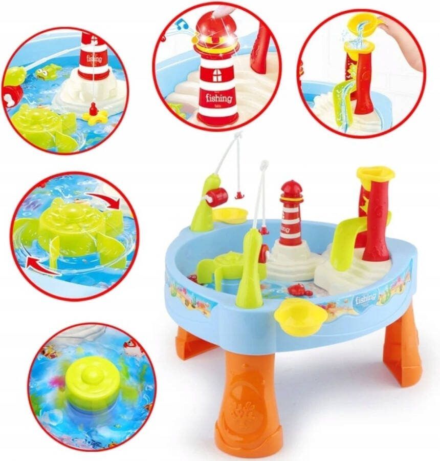 Ariko Watertafel met Visspel Met Licht en Geluid-Waterval met Bewegend Water-Vuurtoren-Hengels-Vissen Blauw