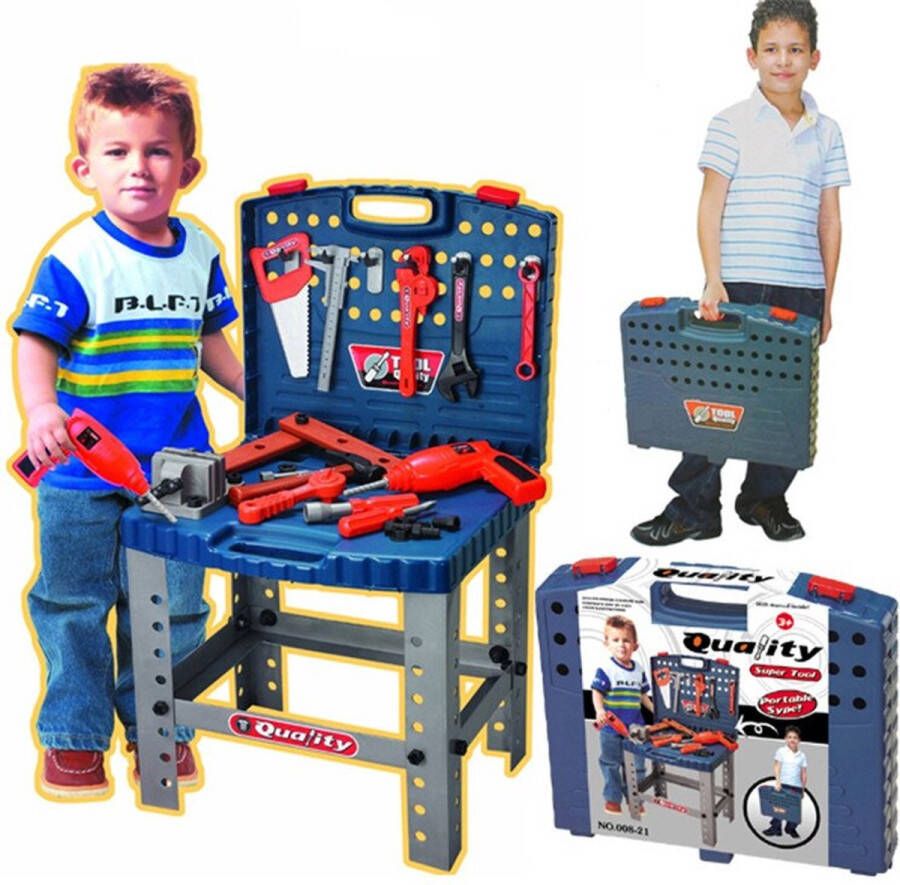 Ariko XL Werkbank voor kinderen – speelgoed – met werkende boormachine in handige meeneem koffer met accessoires 67 delig 70cm hoog Inclusief 2 x Philips AA batterijen