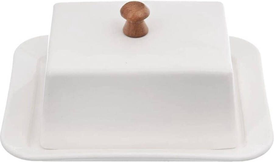 Arion Group ORION GROUP Porseleinen botervloot met deksel 17 x 14 x 8 5 cm wit porselein en bamboehout ecologische boterhouder perfecte tafel- en keukendecoratie