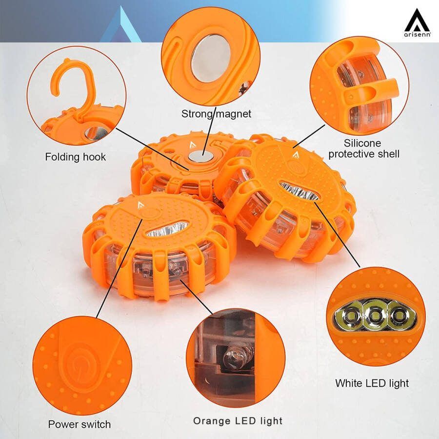 ARISENN Noodverlichting Zwaailamp 12 LED (rood) Oranje behuizing met magneet 9 lichtstanden zwaailicht nood en waarschuwings licht felle noodlamp incl. magneet Alarmlicht Magnetische noodverlichting