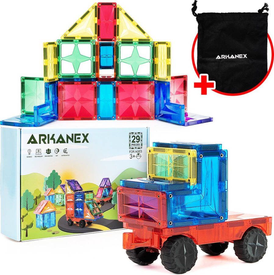 Arkanex Classic 29 stuks Magnetisch Speelgoed Inclusief Bewaarzak Constructiespeelgoed Magnetische Bouwstenen Magnetic Tiles Montessori Speelgoed Voor Kinderen Vanaf 3 Jaar