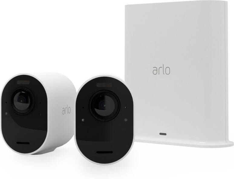 Arlo Ultra 2 draadloze WiFi-beveiligingscamera voor buiten 4K UHD 180˚ kleurennachtzicht sirene & spotlight bewegingsdetectie 2-weg-audio 6 mnd batterij lokale opslag (SD-kaart) incl. proefp. Secure 2 IP-Camera's + Smart Hub wit