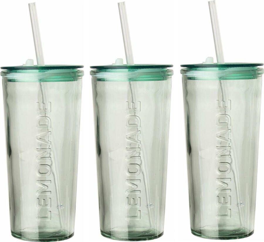 Benza Gusta Drinkglas Met Rietje en deksel – 550ml – In A Jar Groen 3 Stuks