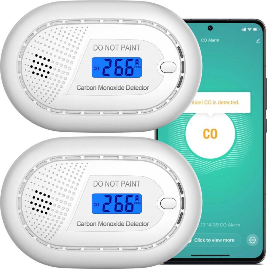 Aroha Smart Connect Koolmonoxidemelder 10 jaar batterij Slimme CO melder met app Tuya & SmartLife app via WiFi Smart koolstofmonoxidemelder CO meter & CO gas detector Multipack 2 set