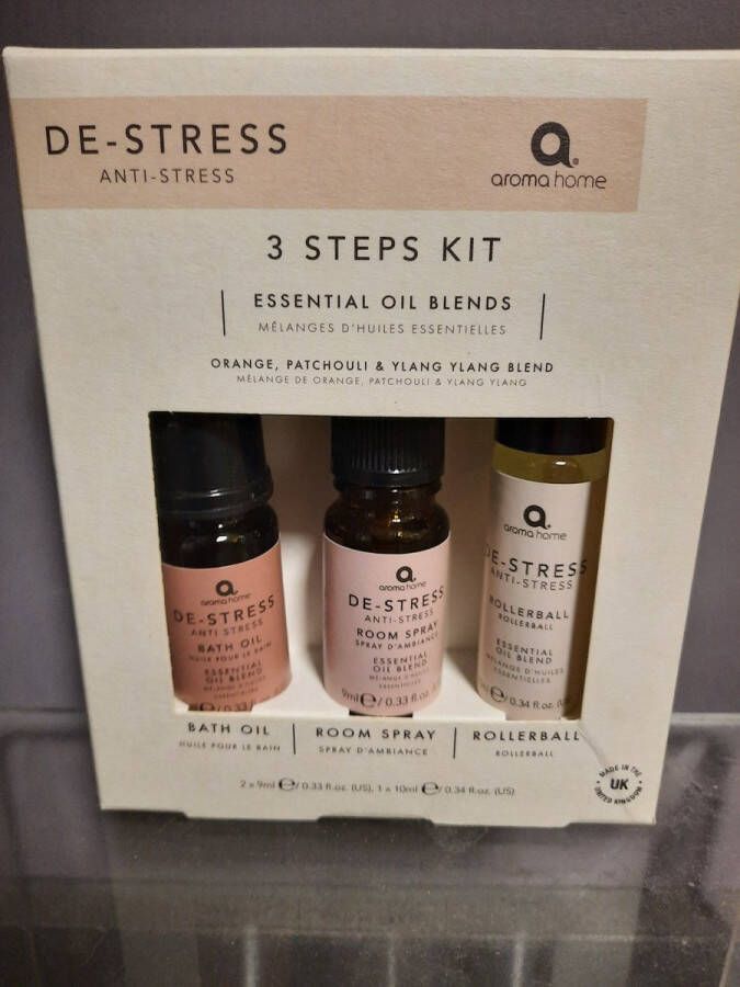 Aroma Home anti stress in 3 stappen teherische olie sinaasappel patchouli ylang roomspray- bath olie