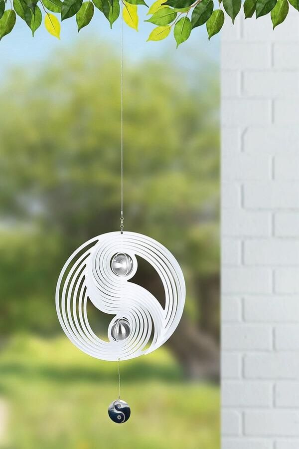 Art Bizniz Windspinner Yin Yang RVS zwart wit -25 cm rond hoogte met koord 90 cm