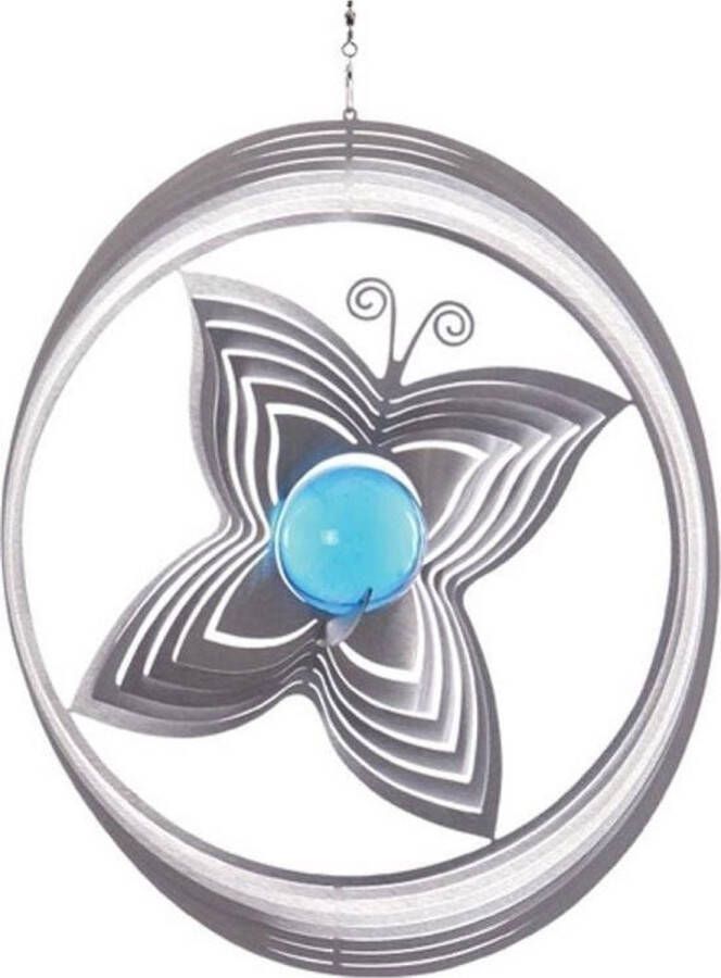 Art Bizniz BlinQ Art Windspinner Vlinder RVS 200mm rond Glaskogel 35mm blauw