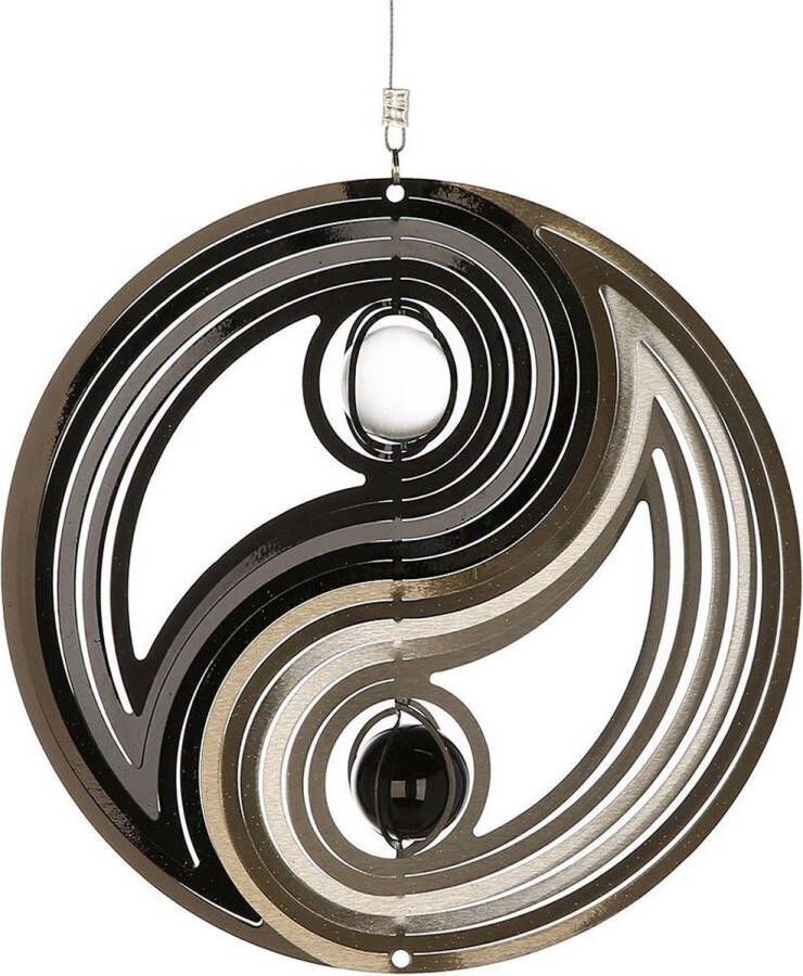 Art Bizniz Windspinner Yin Yang RVS zwart zilver -21 cm rond hoogte met koord 75 cm Glaskogel 1x zwart 1x helder