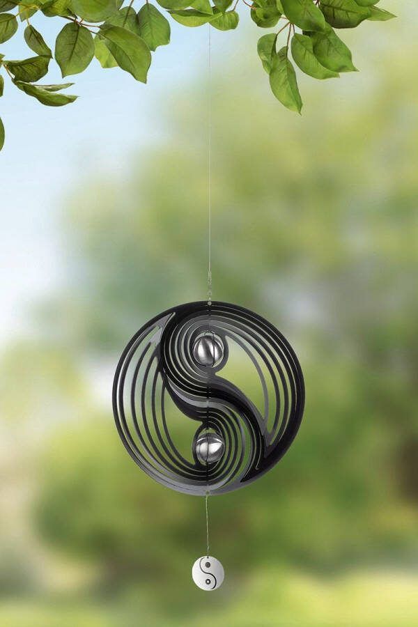 Art Bizniz Windspinner Yin Yang RVS zwart zilver -38 cm rond hoogte met koord 108cm kogel