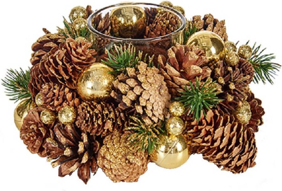 Arte r Kerst thema kaarsenhouder ornament bruin met goud nature 18 cm kaarsjes branden tafel decoratie