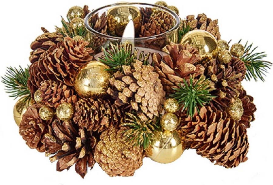Krist+ Kerst thema kaarsenhouder ornament gold green nature 19 x 19 x 9 cm Voor 1x kaarsjes Tafel decoratie
