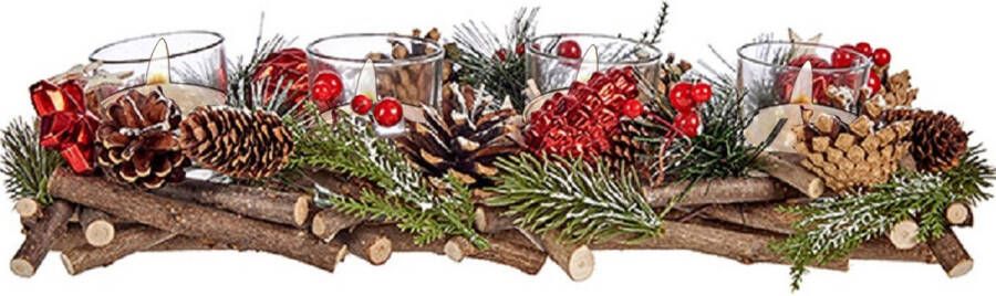 Krist+ Kerst thema kaarsenhouder ornament red green nature 40 x 16 x 8 cm Voor 4x kaarsjes Tafel decoratie