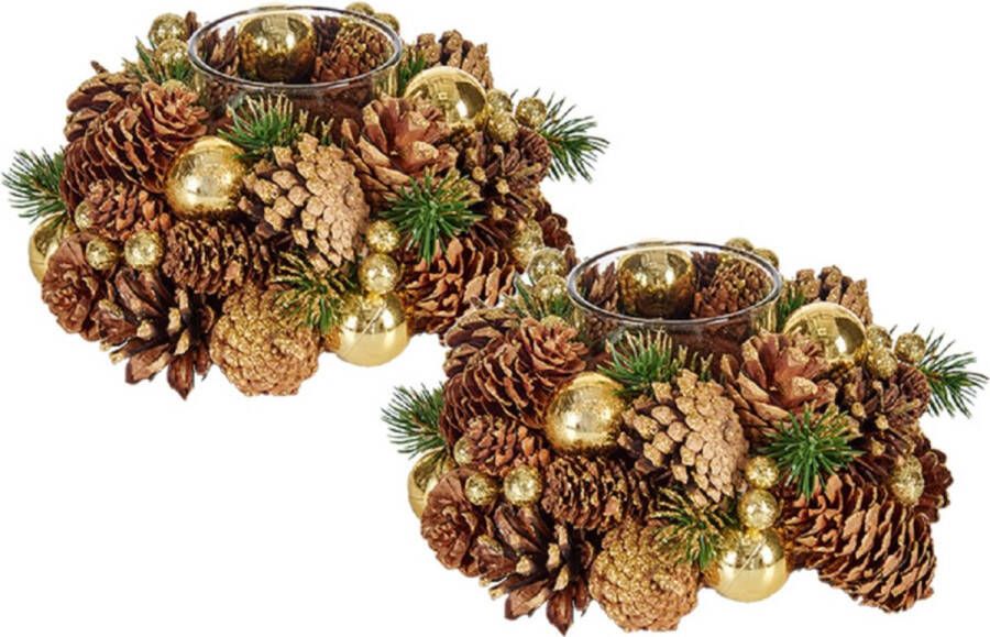 Krist+ Set van 2x stuks kerst thema kaarsenhouders ornament bruin met goud nature 18 cm kaarsjes branden tafel decoratie