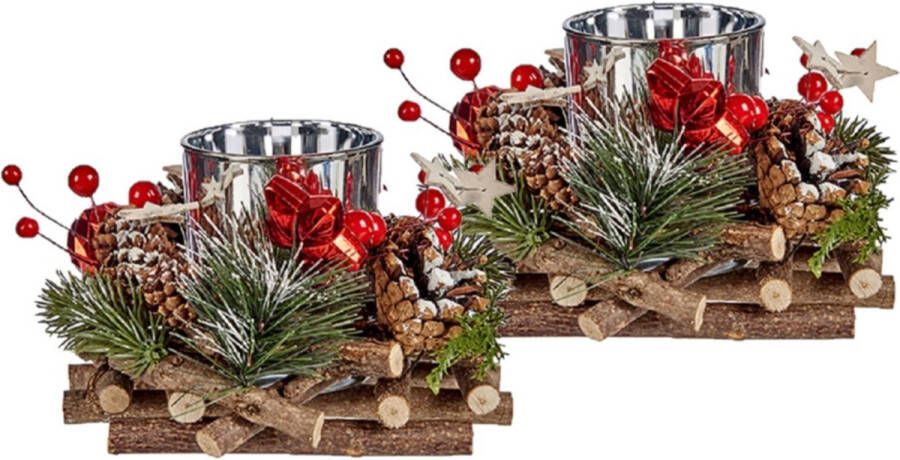 Arte r Set van 2x stuks kerst thema kaarsenhouders ornamenten red green nature 17 cm kaarsjes branden tafel decoratie