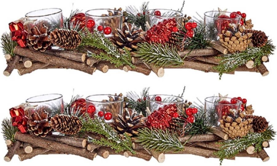 Arte r Set van 2x stuks kerst thema kaarsenhouders ornamenten red green nature 40 x 16 x 8 cm Voor 4x kaarsjes Tafel decoratie