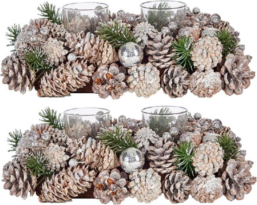 Arte r Set van 2x stuks kerst thema kaarsenhouders ornamenten silver green nature 29 x 18 x 11 cm -Voor 2x kaarsjes Tafel decoratie