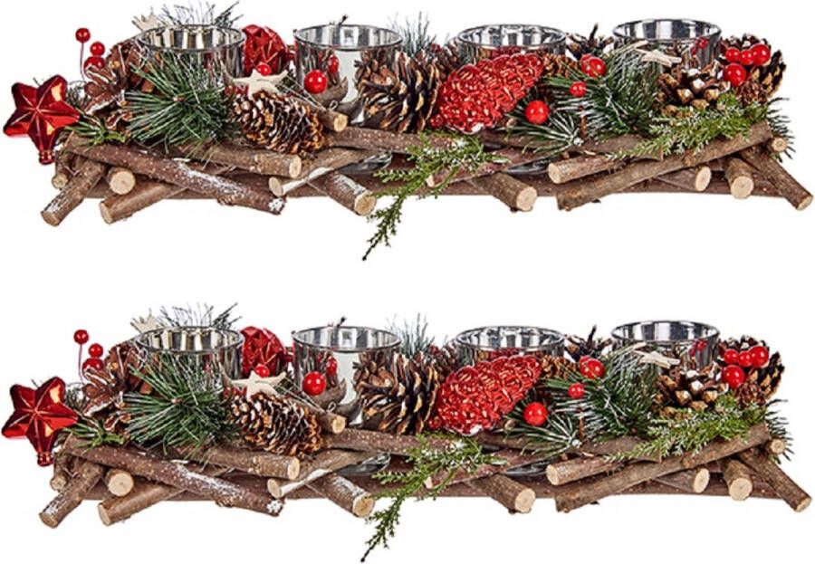 Arte r Set van 2x stuks kerst thema kaarsenhouders zilver ornament red green nature 40 x 16 x 8 cm Tafel decoratie