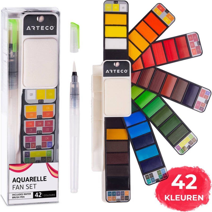 Arteco 42 Kleuren Aquarelwaaier Aquarelverf Set Brush Pennen Handlettering Waterverf Bullet Journal