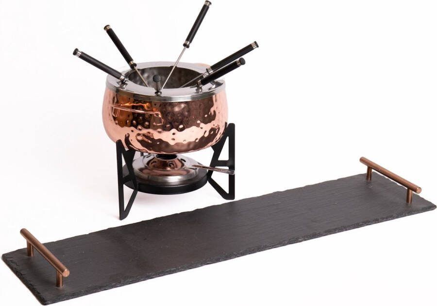 Artesa 7-delige fondueset inclusief koperen fonduepan met 5x vorken en leistenen serveerplateau met koperen handgrepen