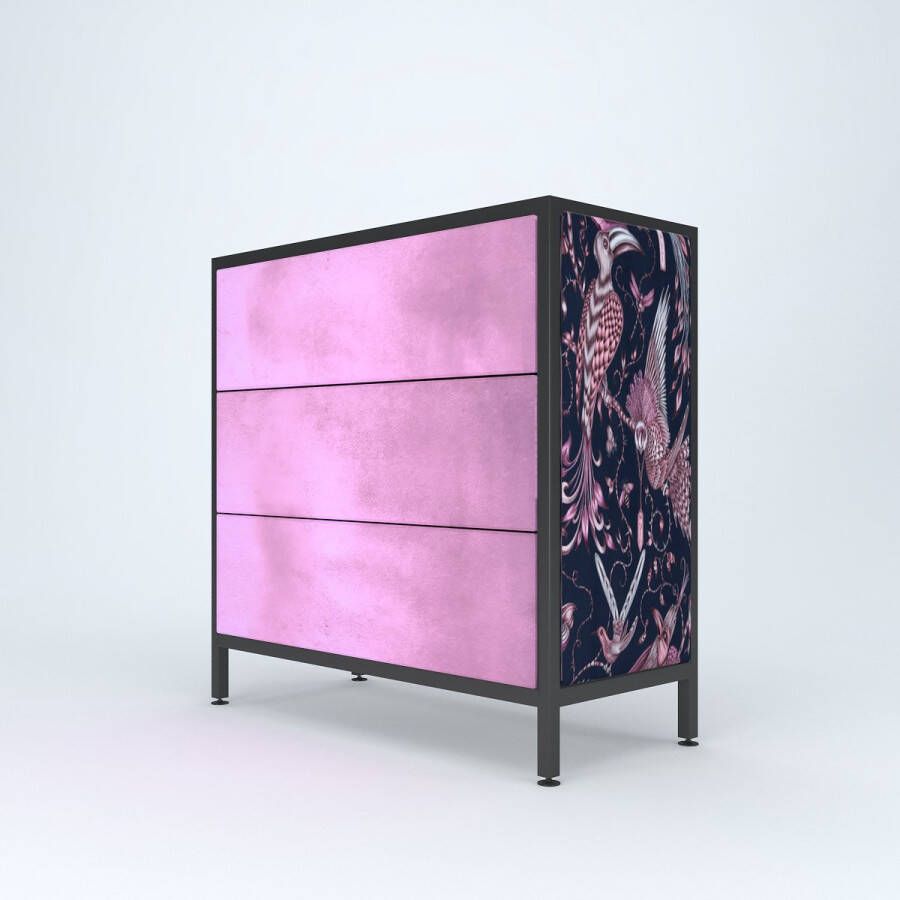 Artframe Furniture Pinky Dream Ladekast Met 3 lades Rose Zwart Metal Glas Stof 90*90*45 cm
