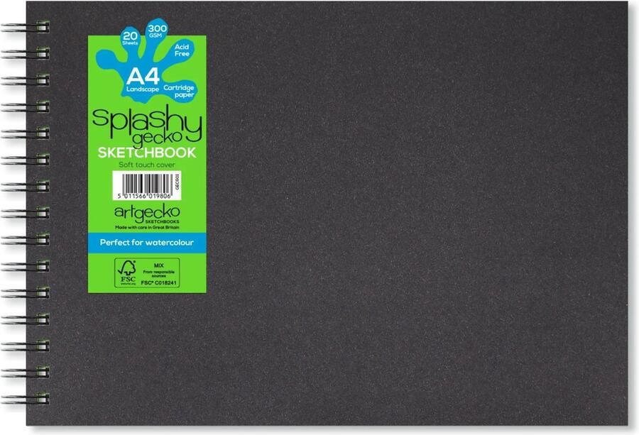 Artgecko Splashy Aqua Spiraal Schetsboek A4 Landschap 300gr 20 vel Wit