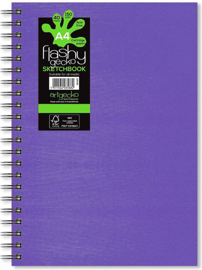 Artgecko Flashy Spiraal Schetsboek A4 Portret 150gr 40 vel Wit Paarse Omslag