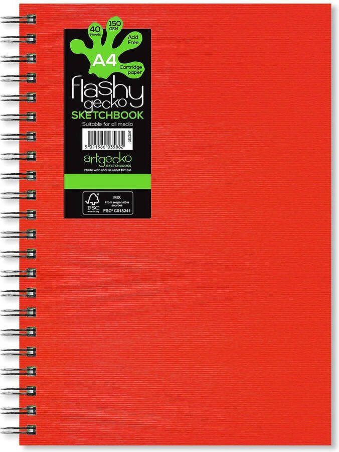Artgecko Flashy Spiraal Schetsboek A4 Portret 150gr 40 vel Wit Rode Omslag