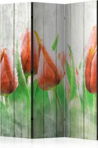 Artgeist Kamerscherm Scheidingswand Vouwscherm Red tulips on wood [Room Dividers] 135x172 Vouwscherm