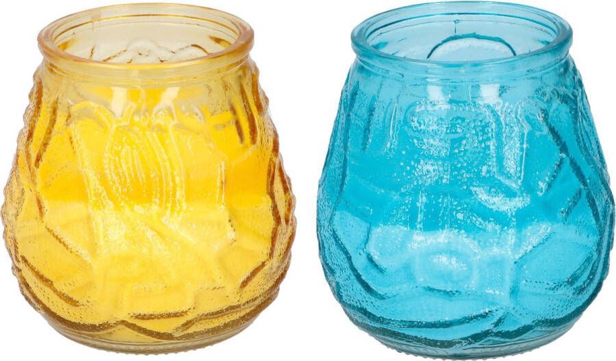 Arti casa 4x stuks Citronella Lowboy tafelkaarsen 10 cm geel en blauw glas Anti insecten muggen
