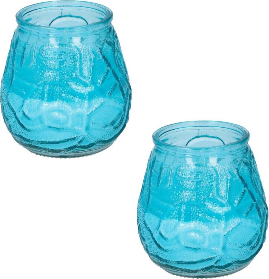 Arti casa Set van 5x stuks Citronella lowboy tuin kaarsen in blauw glas 10 cm Anti muggen insecten artikelen