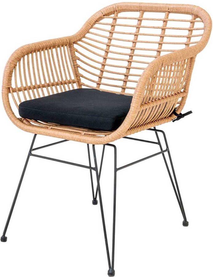 Artichok Madelein rotan tuinstoel naturel met armleuning en zwart Zitkussen kunststof polyrattan metalen poten