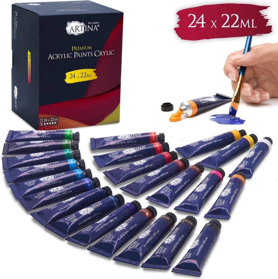 Artina Acrylverf Set 24 Tubes à 22ml Premium Acrylverfen Acrylverfset voor Schilderen voor Schilderen van Schilderijen op Schildersdoeken