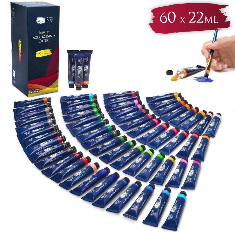Artina Acrylverf Set 60 Tubes à 22ml Premium Acrylverfen Acrylverfset voor Schilderen voor Schilderen van Schilderijen op Schildersdoeken