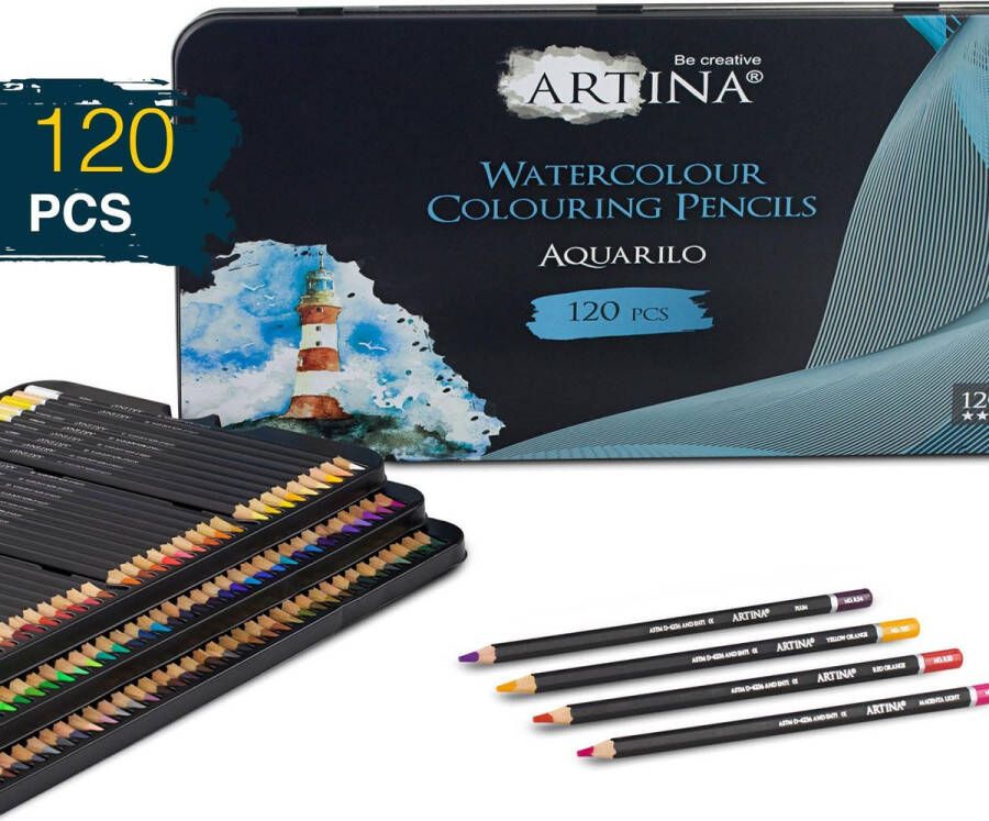 Artina Aquarilo aquarelpotloden set van 120 kleurpotloden FSC gecertificeerde Potloden wateroplosbare houten stiften hoog gepigmenteerd